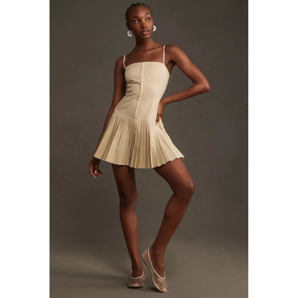 Maeve Anthropologie Pleated Mini Dress Tan Beige Corset‎ Hook Eye XL
